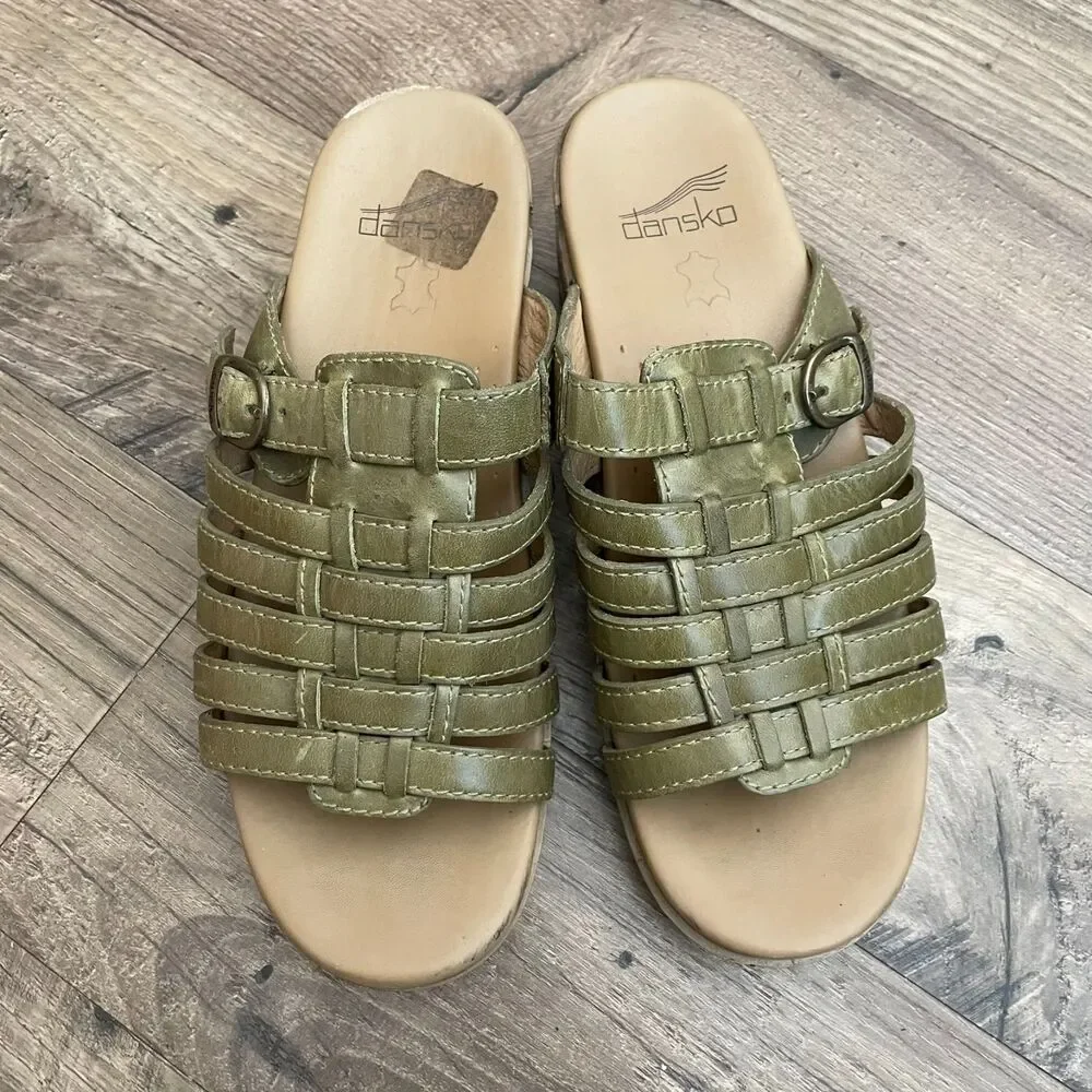 DANSKO Marion Olive Green Leather Strappy Slip On Sandals